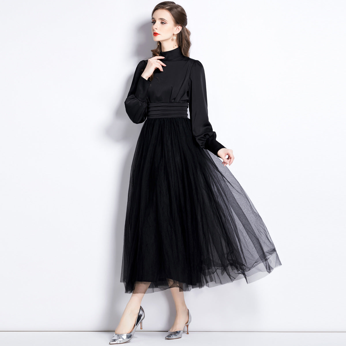 Stand Collar Pleated Vest Satin Blouse Mesh Skirt One Piece Black Dress - 741913477593_BAS